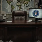 Executive desk holds computer showing Department of War logo with scattered papers and patriotic symbols nearby