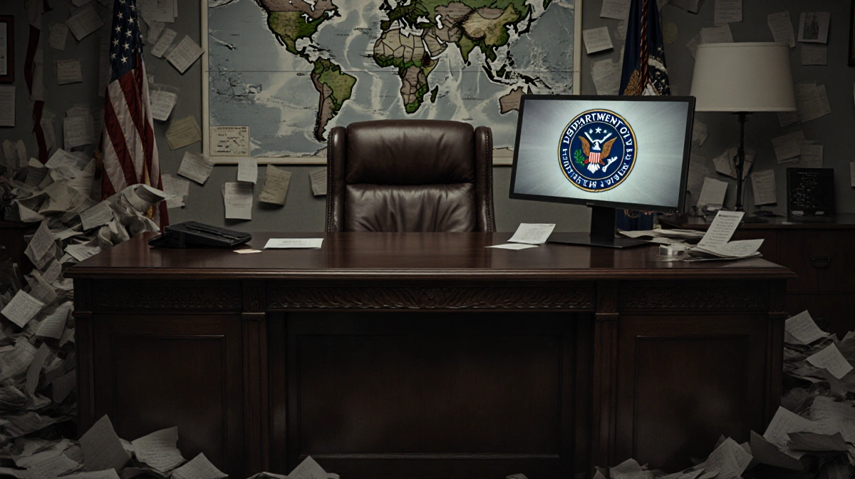 Executive desk holds computer showing Department of War logo with scattered papers and patriotic symbols nearby