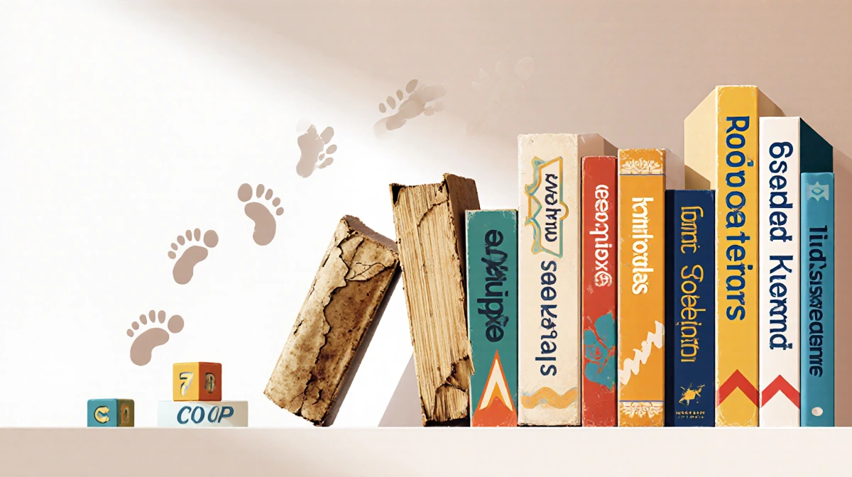 Old baby name books falling from shelf with modern colorful names replacing them and baby footprints fading into background