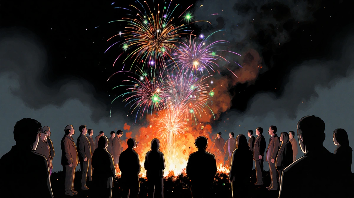 Silhouetted witnesses gather around blazing fire with fireworks exploding overhead and smoke rising into night sky