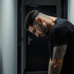 Ezra standing alone backstage with frazzled expression and slumped arms in a dim corridor showing vulnerability.