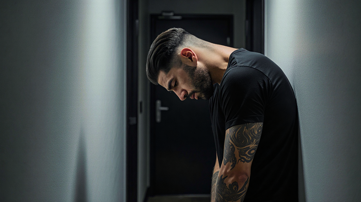 Ezra standing alone backstage with frazzled expression and slumped arms in a dim corridor showing vulnerability.