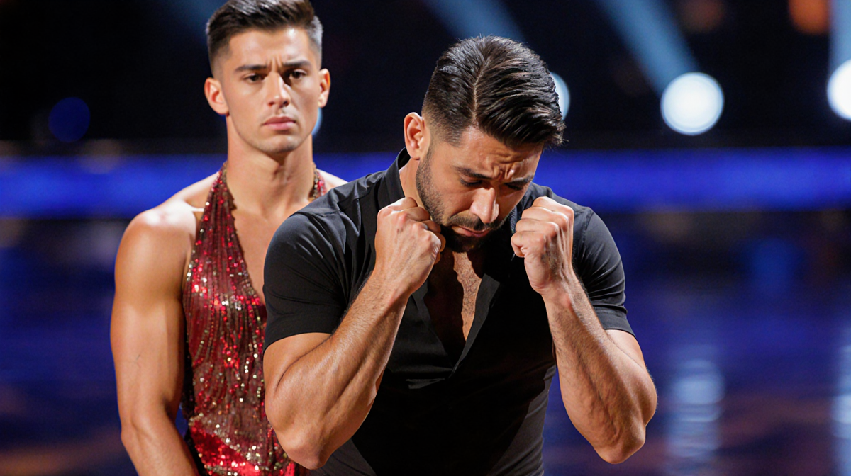 Ezra Sosa shows upset expression while slumping arms and clenched fists on dance stage with Jordan Chiles calmly behind
