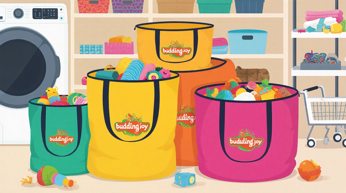 Six colorful fabric storage bags stack neatly with open zipper revealing linens and toys beside shelves and bins