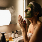 Mature woman applying a green tea honey face mask with a warm golden countertop and softbox light for relaxation