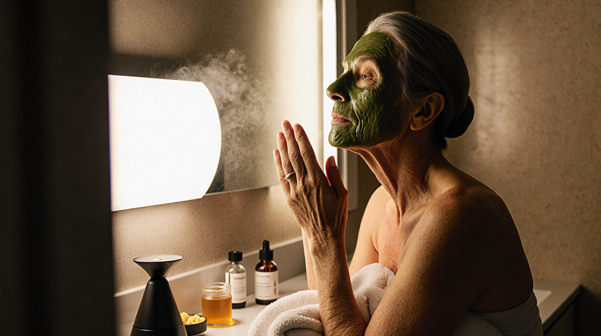 Mature woman applying a green tea honey face mask with a warm golden countertop and softbox light for relaxation