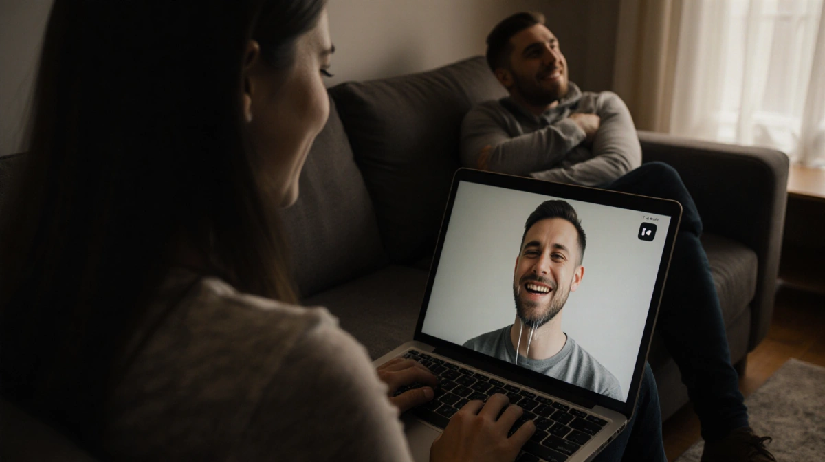 Megan sits on couch with laptop open for FaceTime Trent appears on screen with tears of joy as she reacts.