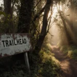 Weathered trail sign lies half-buried with faded letters and overgrown forest path disappearing into trees
