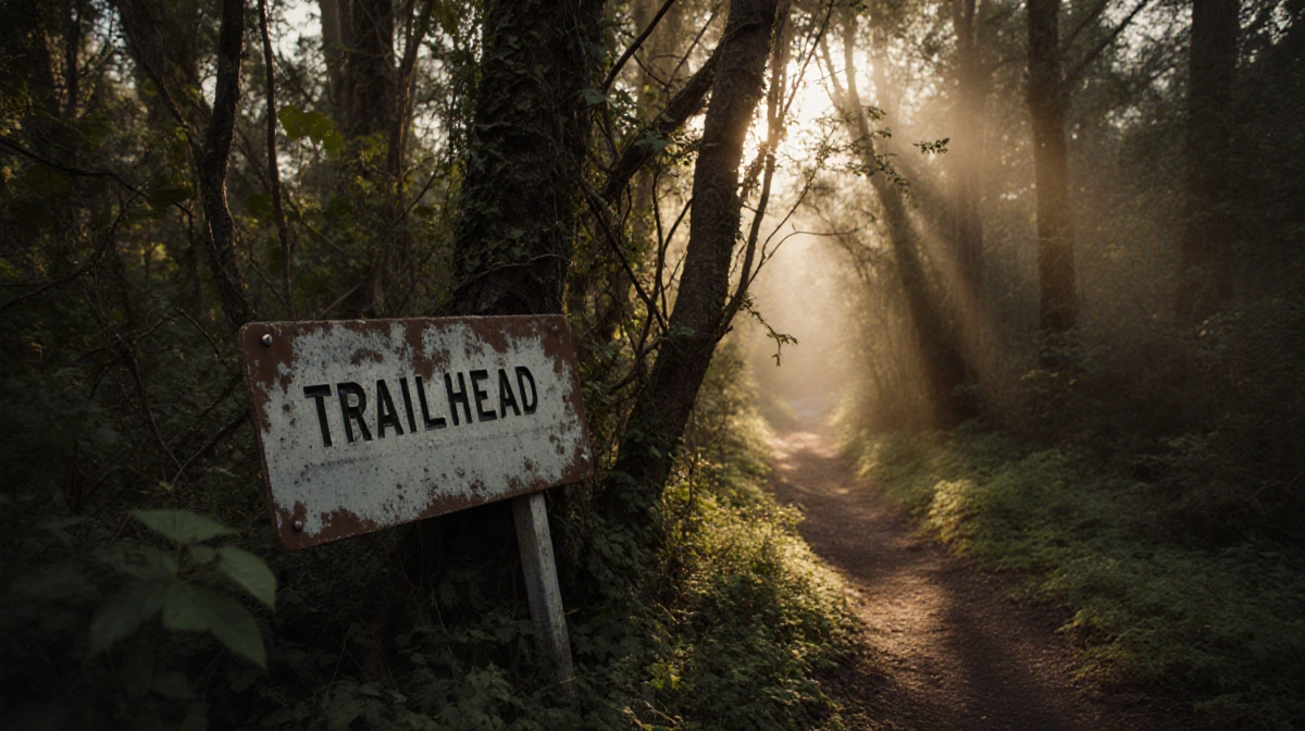 Weathered trail sign lies half-buried with faded letters and overgrown forest path disappearing into trees