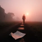 Silhouetted footsteps fading into misty dawn with pink sunrise and a crumpled note on foggy ground