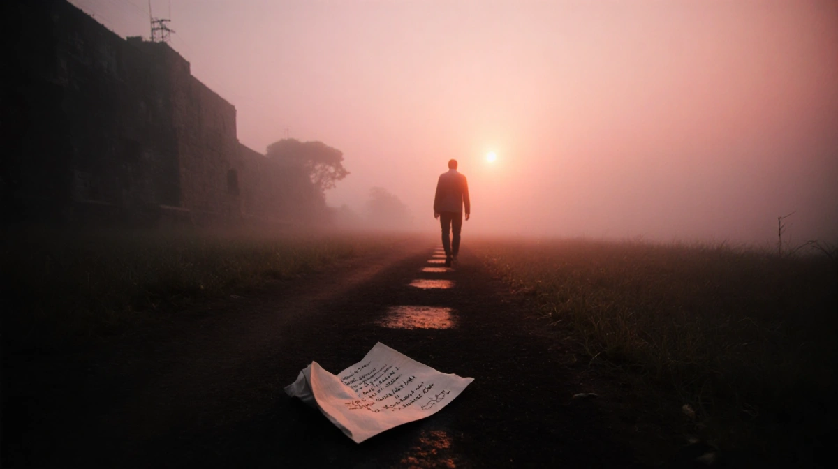 Silhouetted footsteps fading into misty dawn with pink sunrise and a crumpled note on foggy ground