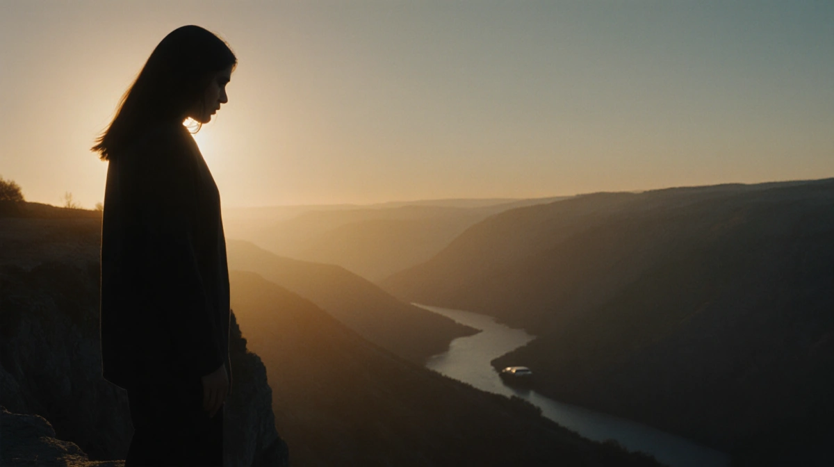 Woman standing on cliff edge looking down at valley with misty golden car in background