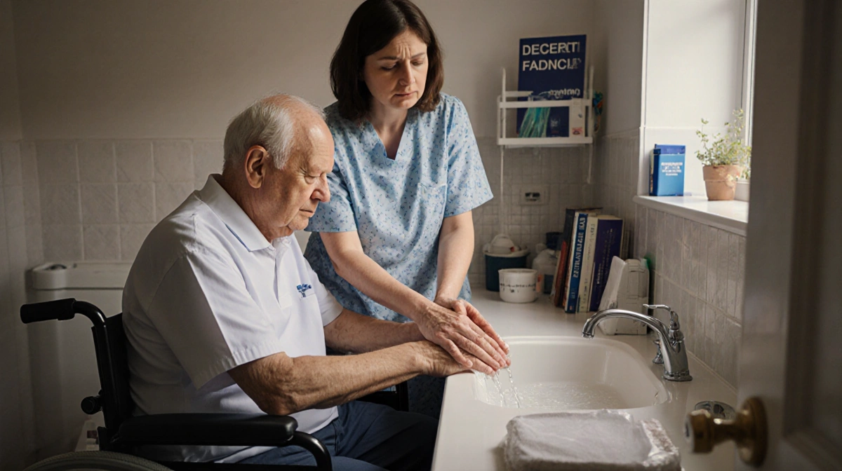 Young mother washing her son's hands in bathroom sink with wheelchair and caregiver nearby showing dementia care support