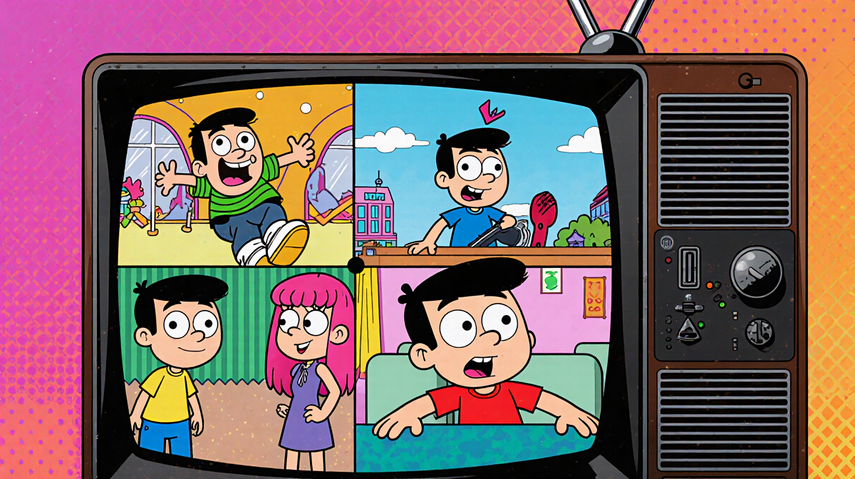 TV screen playing Fairly Oddparents cartoons with retro 90s style and nostalgic graphics.