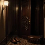 Light shines on a wooden door in a hallway with a leather suitcase and dress shoes on the floor