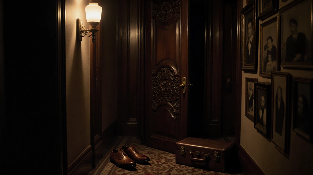 Light shines on a wooden door in a hallway with a leather suitcase and dress shoes on the floor