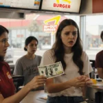 Two women in fast food uniforms attempting to pay with fake money at In-N-Out counter with shocked customers watching