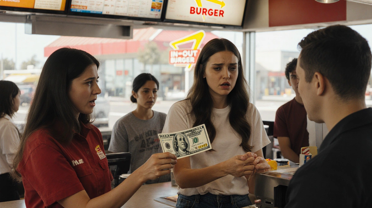 Two women in fast food uniforms attempting to pay with fake money at In-N-Out counter with shocked customers watching