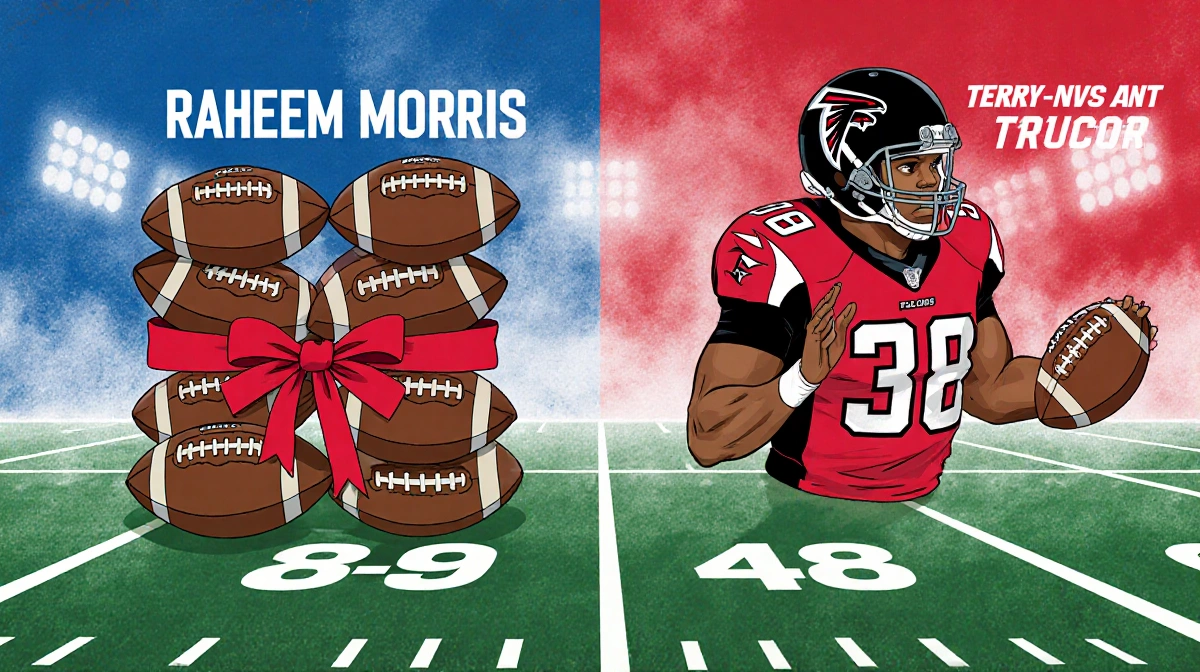 Two football teams compare records on a gridiron with Falcons holding eight tied balls and Fontenot's team holding four