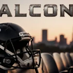 Worn football helmet with cracked mask sits on a Falcons seat with untied laces against a skyline and FALCONS lettering.