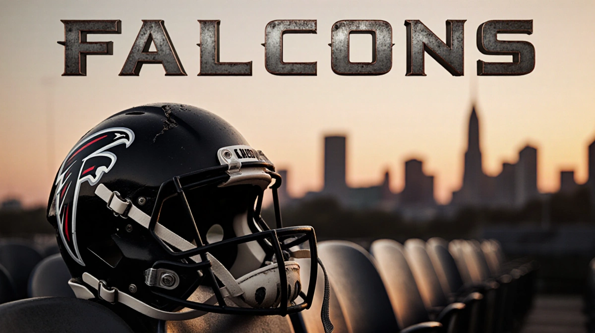 Worn football helmet with cracked mask sits on a Falcons seat with untied laces against a skyline and FALCONS lettering.