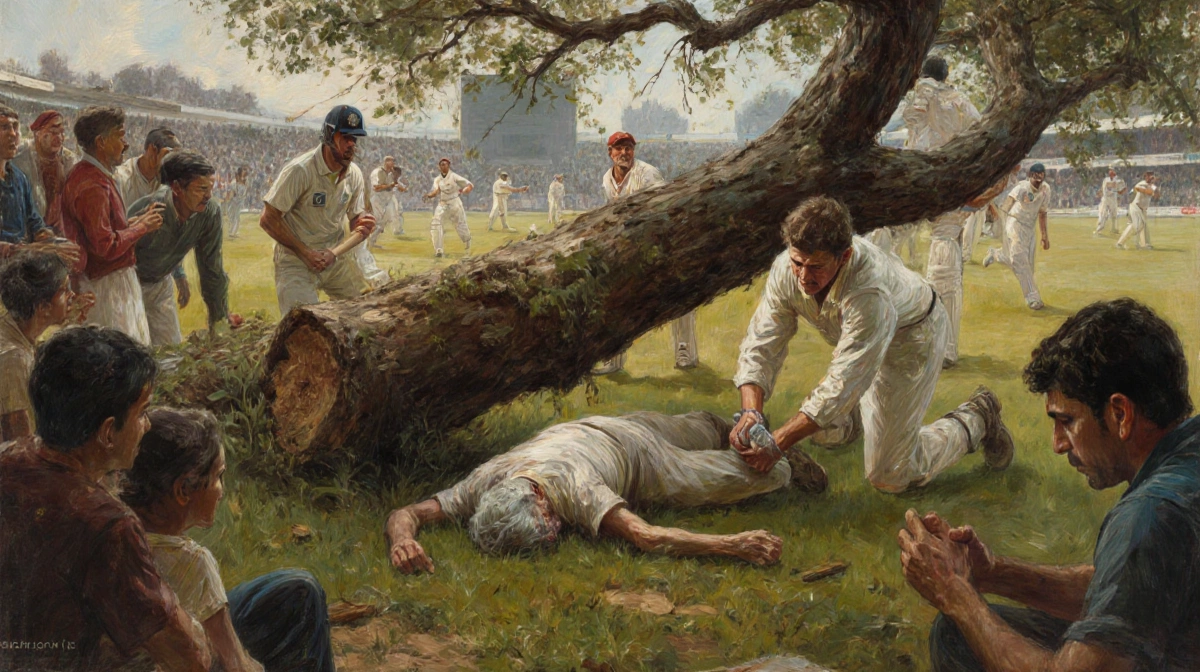 Cricket player performing CPR on fallen elderly spectator with concerned crowd and tree blocking path