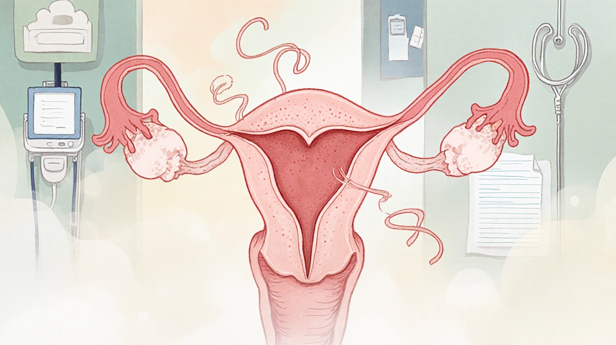 Delicate hand-drawn fallopian tube with wispy threads showing rupture and medical notes in soft pastel background