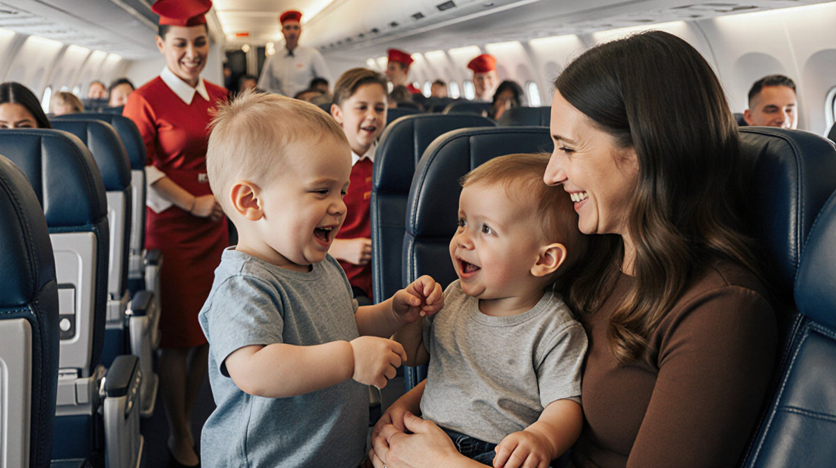 Family smiles as two boys sit on parents' laps in airplane cabin with blurred crew in background.