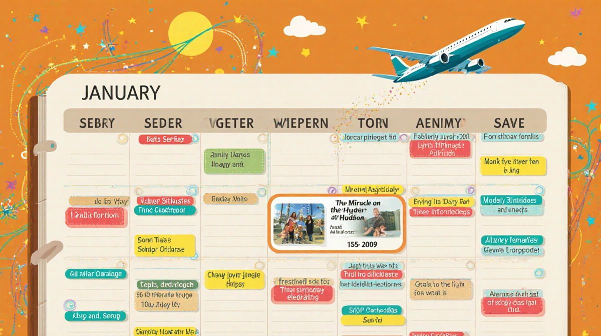 Family calendar shows January filled with colorful birthday and celebration stickers with Miracle on the Hudson date circled 