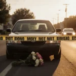 A family car stands wrapped in police tape with flowers placed in front and warm golden light overhead