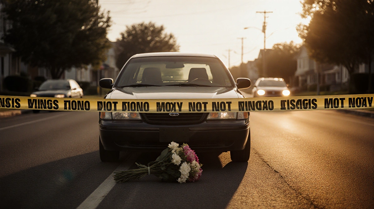 A family car stands wrapped in police tape with flowers placed in front and warm golden light overhead