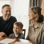 Young boy sharing dinner with smiling stepfather at sunlit table with family letters nearby