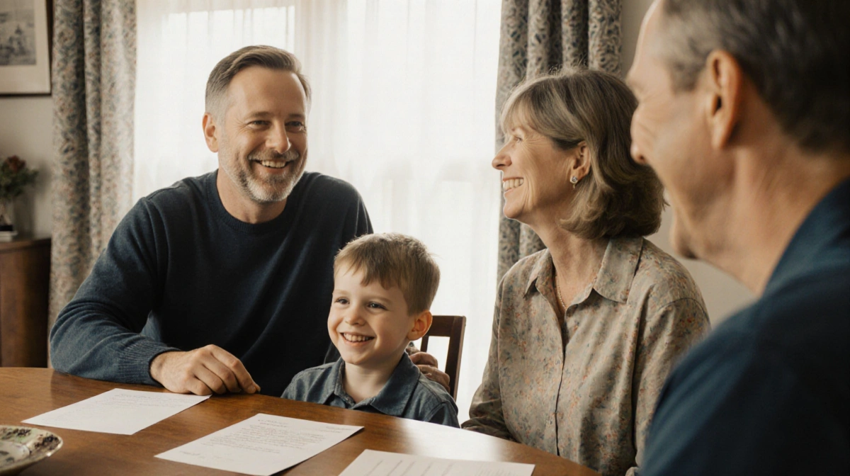 Young boy sharing dinner with smiling stepfather at sunlit table with family letters nearby