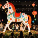 Families enjoy free festival with colorful lanterns and giant horse sculpture at Wallis Annenberg Center