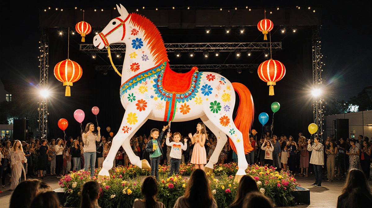 Families enjoy free festival with colorful lanterns and giant horse sculpture at Wallis Annenberg Center