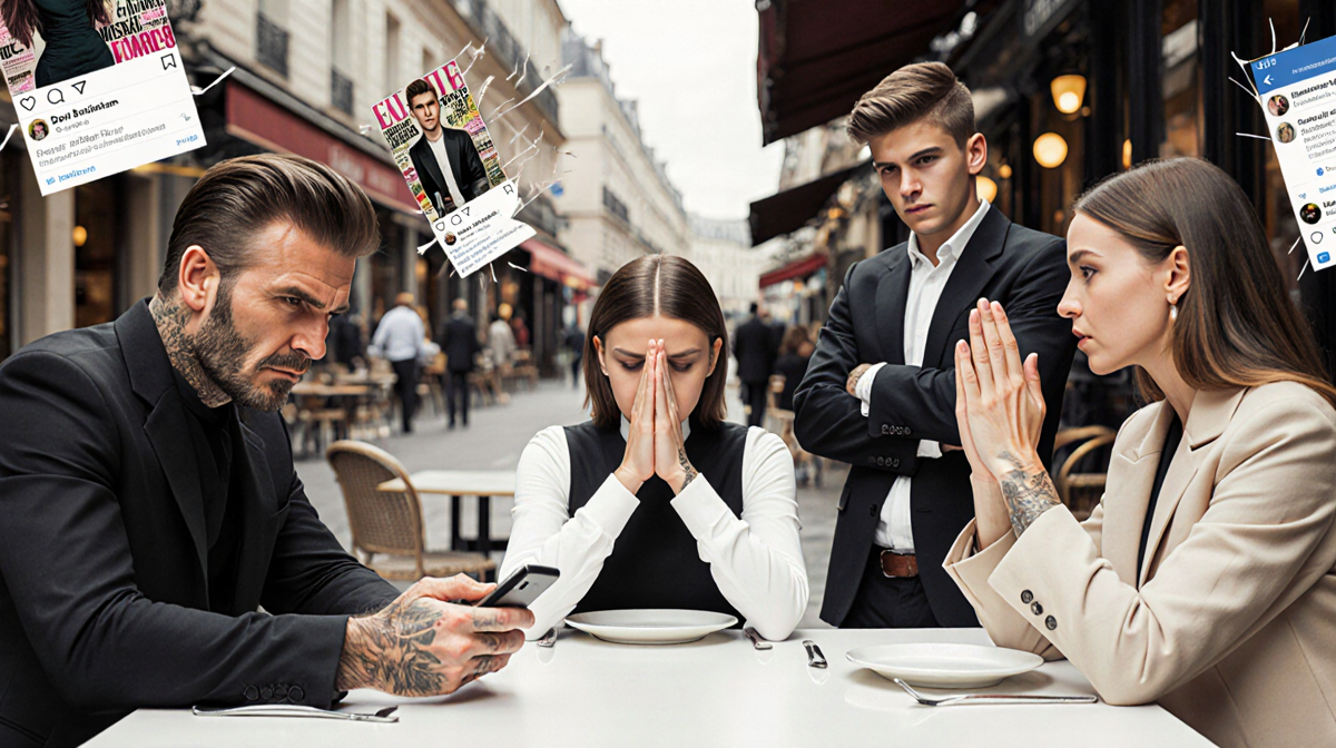 David Beckham looks at his phone with Victoria Beckham hands clasped and Brooklyn Peltz Beckham crossing in blurred Paris caf