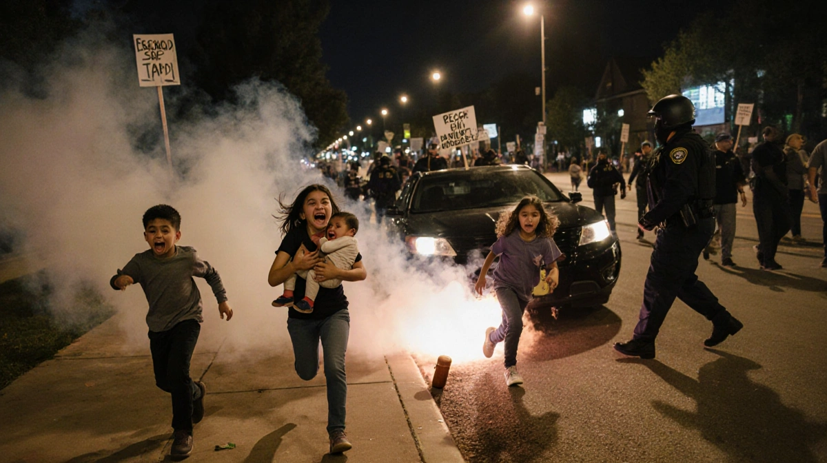 Family with six children running from ICE raid with tear gas smoke behind them and protest signs glowing