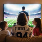 Woman watching football on TV with her two children beside her and husband standing behind couch