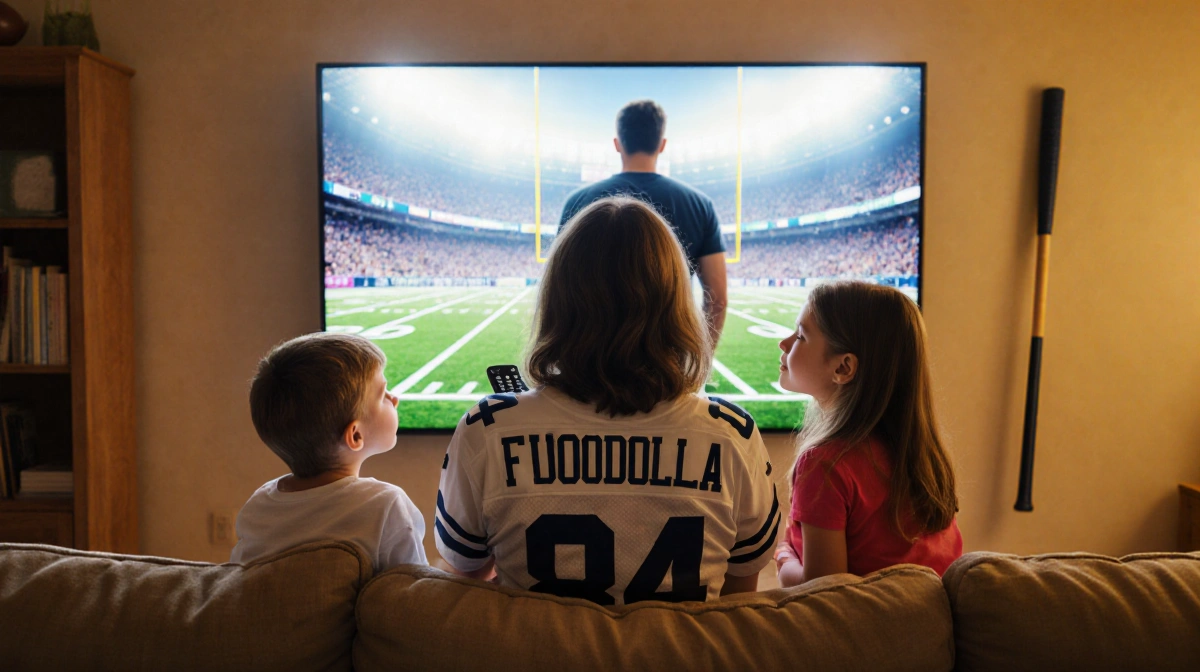 Woman watching football on TV with her two children beside her and husband standing behind couch