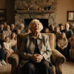 Woman sits with elderly hands clasped as joyful family gathering fills cozy living room with fireplace