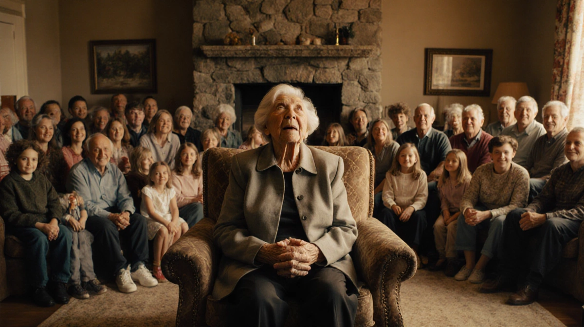 Woman sits with elderly hands clasped as joyful family gathering fills cozy living room with fireplace
