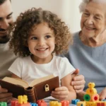 A smiling five-year-old girl with curly brown hair sits on her parents