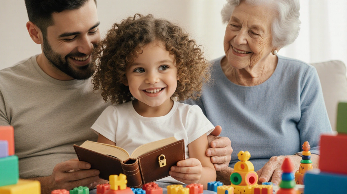 A smiling five-year-old girl with curly brown hair sits on her parents
