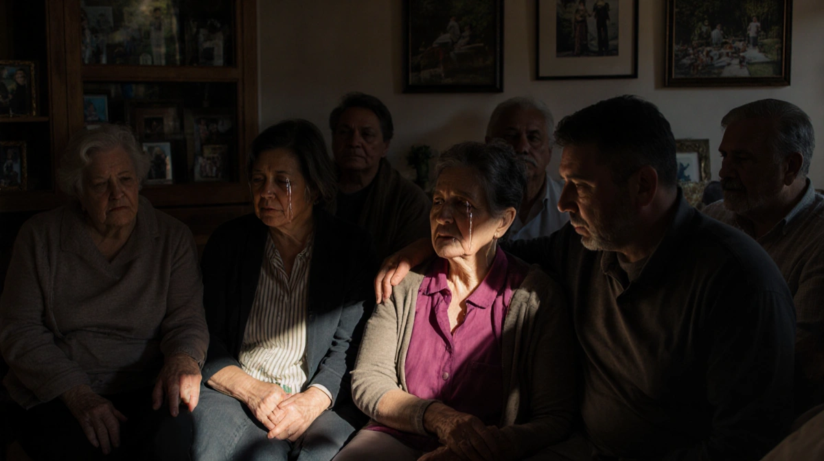 Family members holding hands with tears and photos during emotional goodbye in dimly lit room