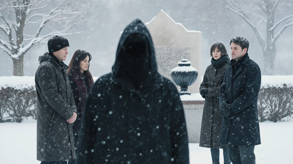 Lonely figure standing before a memorial urn with veiled face showing grief and gentle snowfall in winter background.