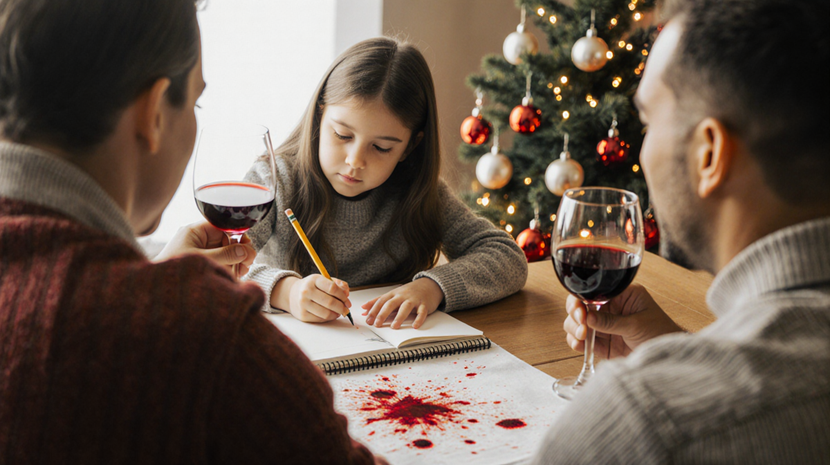 Scout sketches with pencil beside parents sipping wine on a wooden table with subtle wine stains and warm holiday light.
