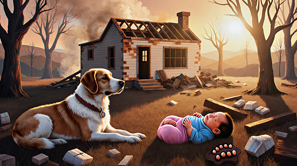 Dog's paw rests beside a newborn baby with golden light and home in background showing resilience after fire
