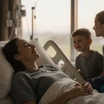 Family gathers around loved one in hospital bed with soft light showing love and resilience