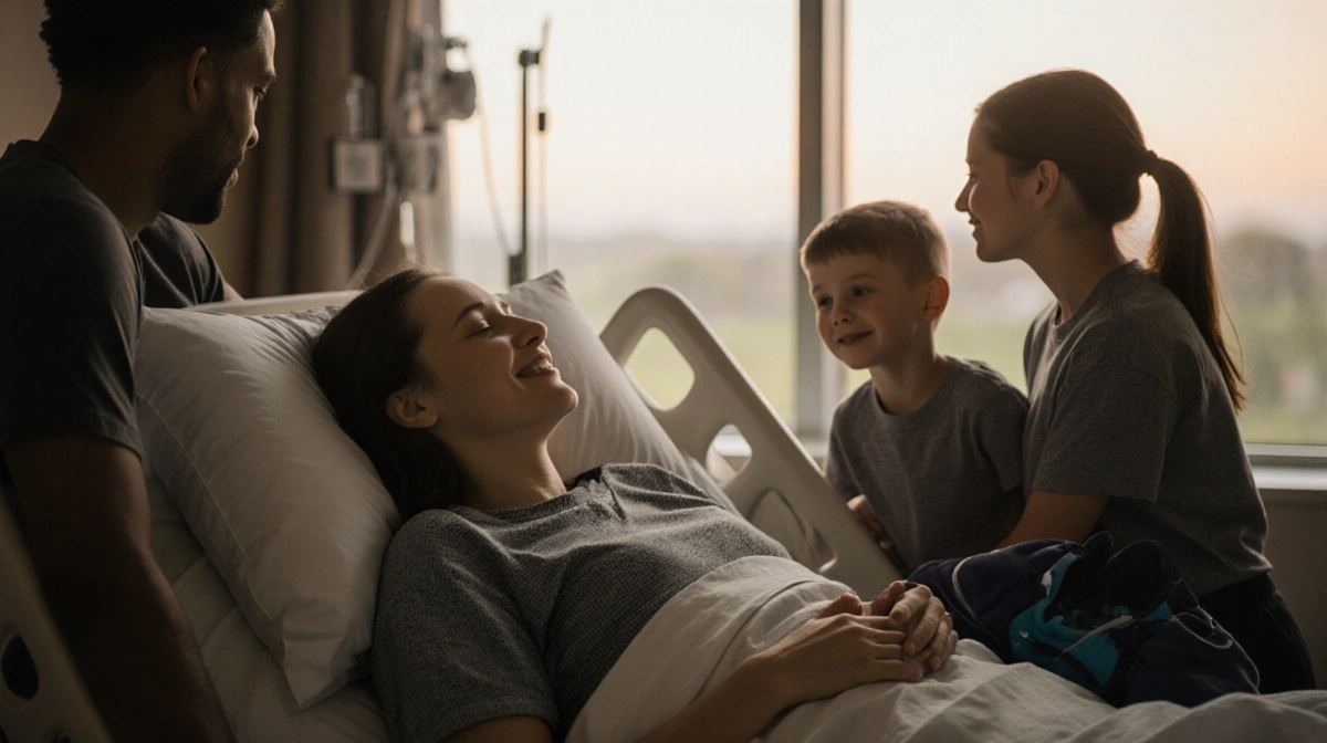 Family gathers around loved one in hospital bed with soft light showing love and resilience