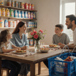Family gathers around kitchen table with fresh flowers and a tasty meal while Walmart shelves fill the background